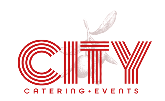 A red and white logo for city catering.