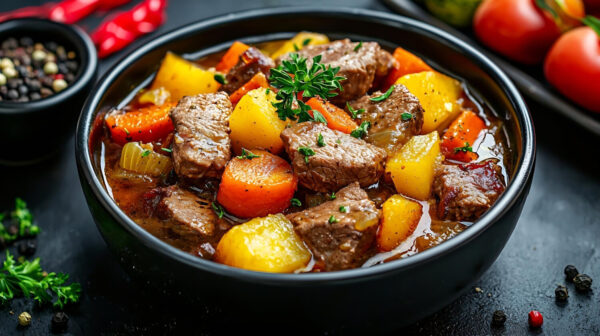 Hearty beef stew with vegetables in bowl.