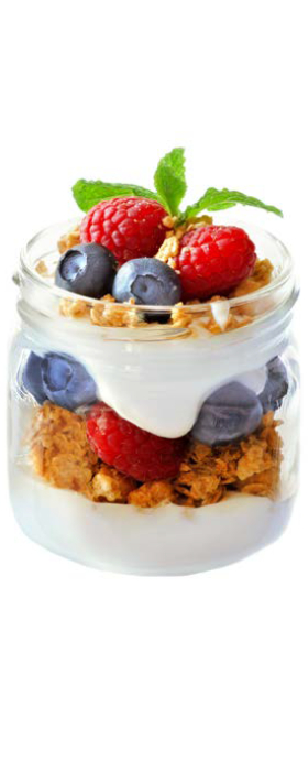 Yogurt parfait with berries and granola.