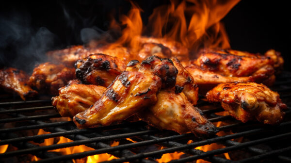 Grilled chicken wings on flaming barbecue grill.