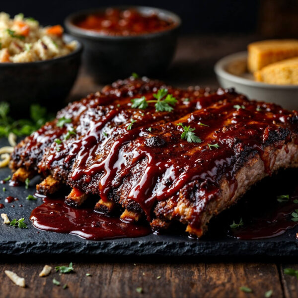 Barbecue ribs with sauce on slate plate.