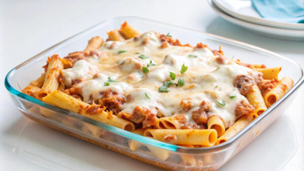 Baked pasta with cheese and herbs.