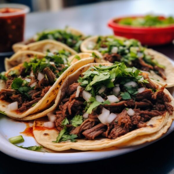 Tacos with beef, onions, and cilantro.