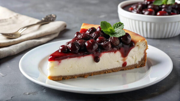 Cheesecake slice topped with berries and mint.