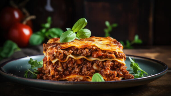 Lasagna slice with basil garnish on plate.