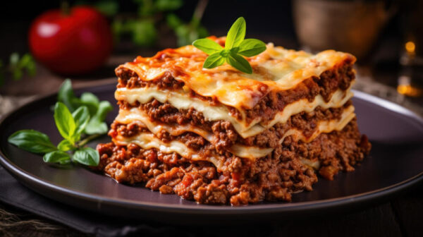 Lasagna slice with basil garnish on plate.