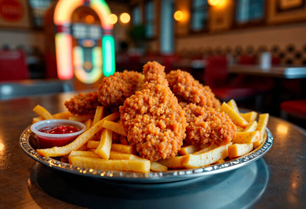 Fried chicken with fries and ketchup.