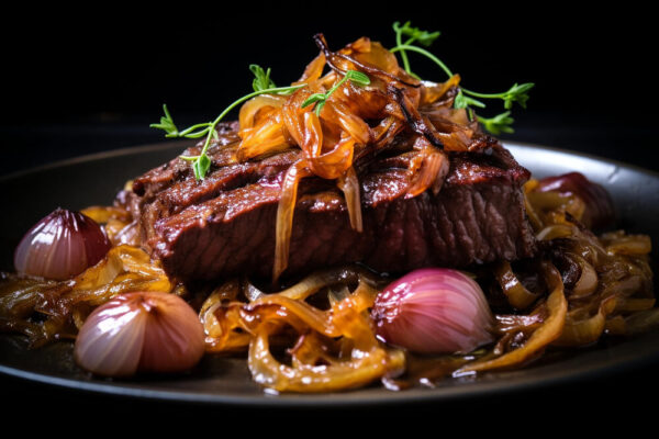 Steak with caramelized onions and shallots.