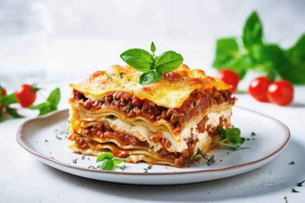 Lasagna slice with basil and cherry tomatoes.